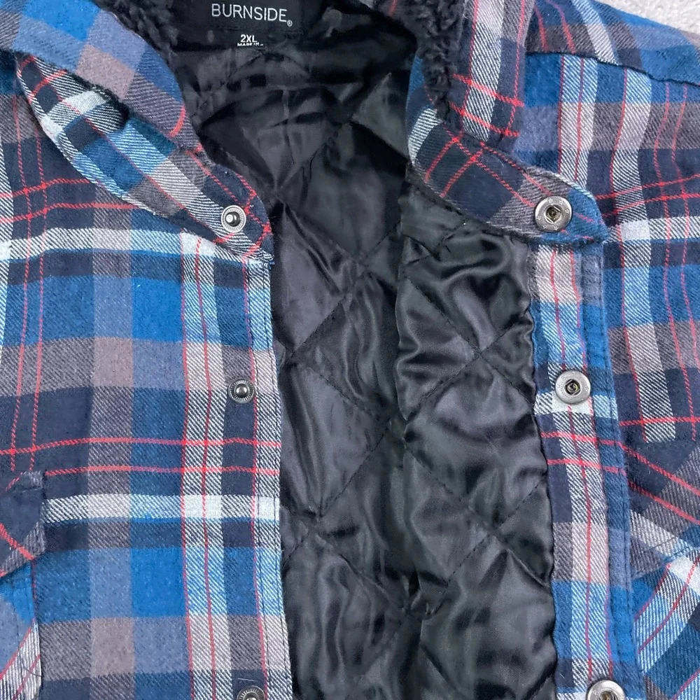 Burnside Shirt Jacket Mens 2XL Blue Plaid Quilted Lined Hooded Flannel Shacket